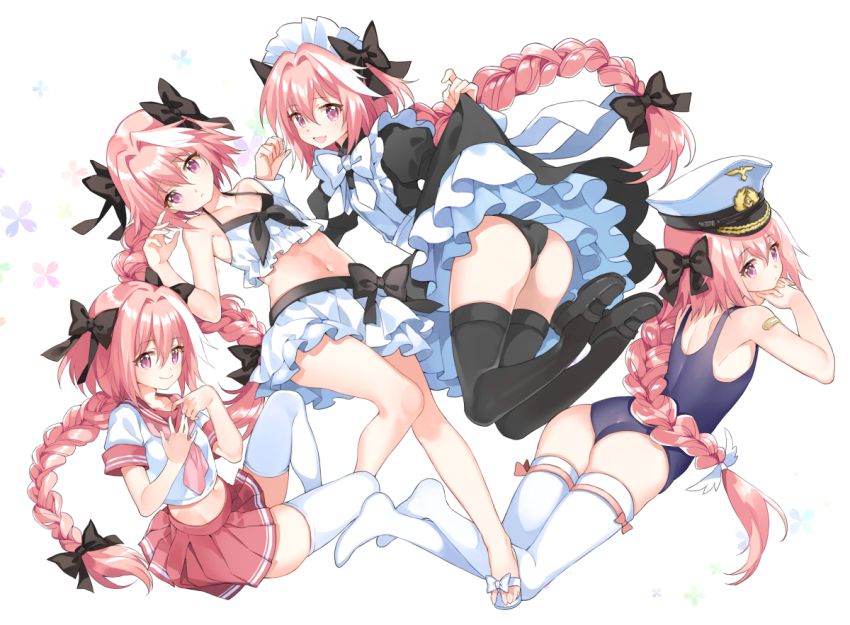 1boy, :d, apron, arm_behind_back, armpits, ass, astolfo_(comp_ace_bikini)_(fate), astolfo_(fate), astolfo_(otokonoko_idol)_(fate), astolfo_(sailor_paladin)_(fate), bad_id, bad_pixiv_id, bandaid, bandaid_on_arm, bare_arms, bare_legs, bare_shoulders, bikini, bikini_skirt, black_bow, black_dress, black_footwear, black_legwear, black_panties, blue_one-piece_swimsuit, blush, bow, bow_bikini, bow_legwear, braid, bulge, casual_one-piece_swimsuit, closed_mouth, clothes_lift, collarbone, commentary_request, crop_top, crossdressing, crossdressing_(mtf), crossed_ankles, dot_nose, dress, dress_bow, dress_lift, expressionless, fang, fate/apocrypha, fate/grand_order, fate_(series), flat_chest, flip-flops, floral_background, footwear_bow, frilled_apron, frilled_bikini, frills, from_behind, from_side, front-tie_top, frown, hair_between_eyes, hair_bow, hair_intakes, hand_up, hands_up, hat, head_rest, interlocked_fingers, invisible_chair, juliet_sleeves, knee_up, knees_together_feet_apart, large_bow, legs_up, lifting_own_clothes, long_hair, long_sleeves, looking_at_viewer, looking_back, looking_to_the_side, lying, maid, maid_apron, maid_headdress, male_focus, male_maid, mary_janes, miniskirt, multicolored_hair, multiple_views, navel, neckerchief, no_shoes, official_alternate_costume, on_back, on_stomach, one-piece_swimsuit, open_mouth, panties, parted_bangs, peaked_cap, petticoat, pink_bow, pink_hair, pink_neckerchief, pleated_skirt, puffy_sleeves, purple_eyes, red_sailor_collar, red_skirt, sailor_collar, sandals, school_uniform, serafuku, shiosoda, shirt, shoes, short_sleeves, simple_background, single_braid, sitting, skindentation, skirt, sleeve_cuffs, smile, stomach, streaked_hair, swimsuit, thighhighs, trap, two-tone_hair, underwear, very_long_hair, white_apron, white_background, white_bikini, white_bow, white_footwear, white_hair, white_hat, white_legwear, white_shirt, zettai_ryouiki