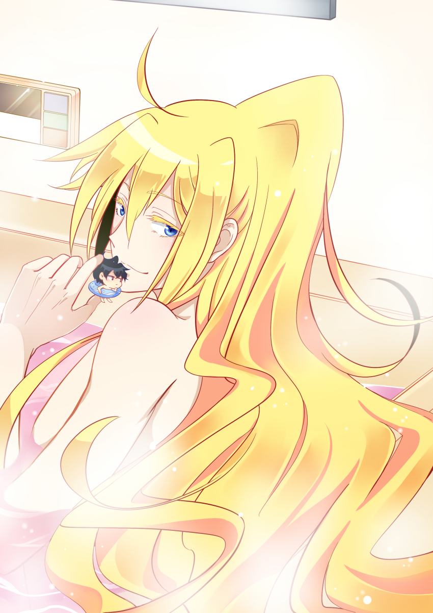 2boys, absurdres, ahoge, bath, black_hair, blonde_hair, chibi, highres