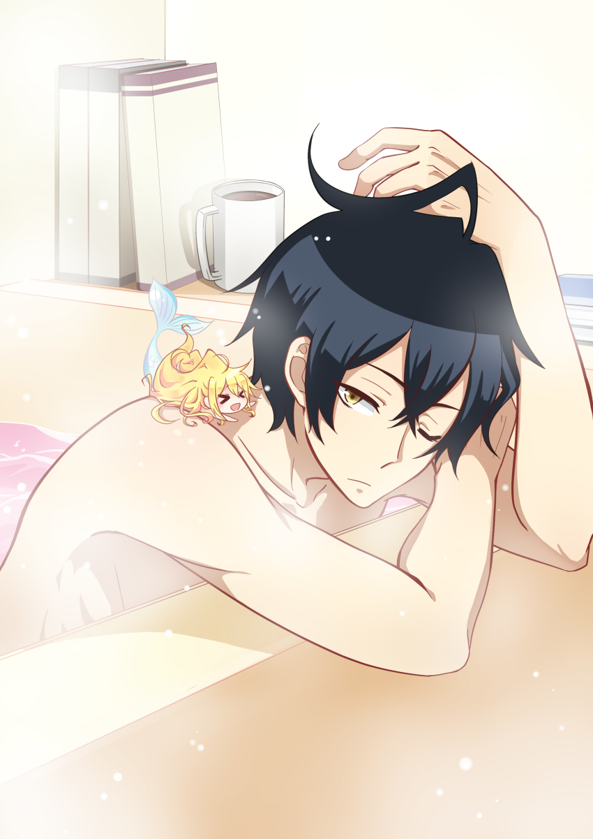 >_<, 2boys, :o, absurdres, ahoge, bath, black_hair, blonde_hair