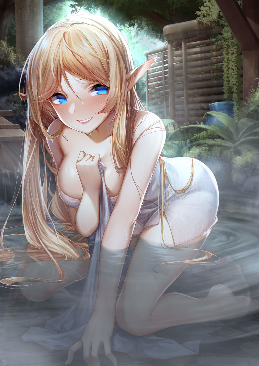 1girl, absurdres, ass, bare_shoulders, blonde_hair, blue_eyes, blush, breasts