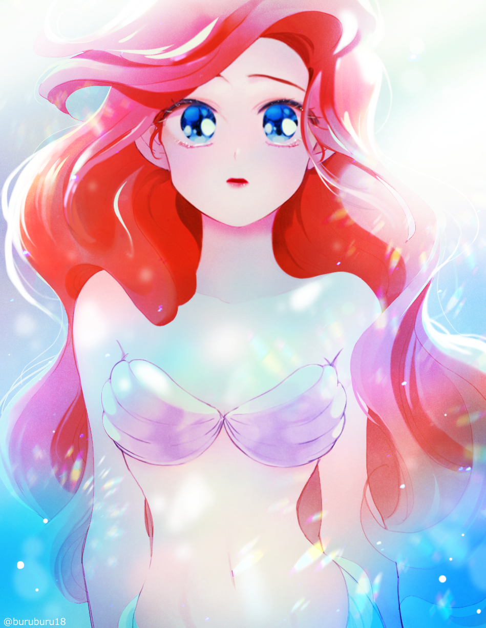 1girl, ariel_(disney), artist_name, backlighting, bad_id, bad_twitter_id, bikini, blue_eyes