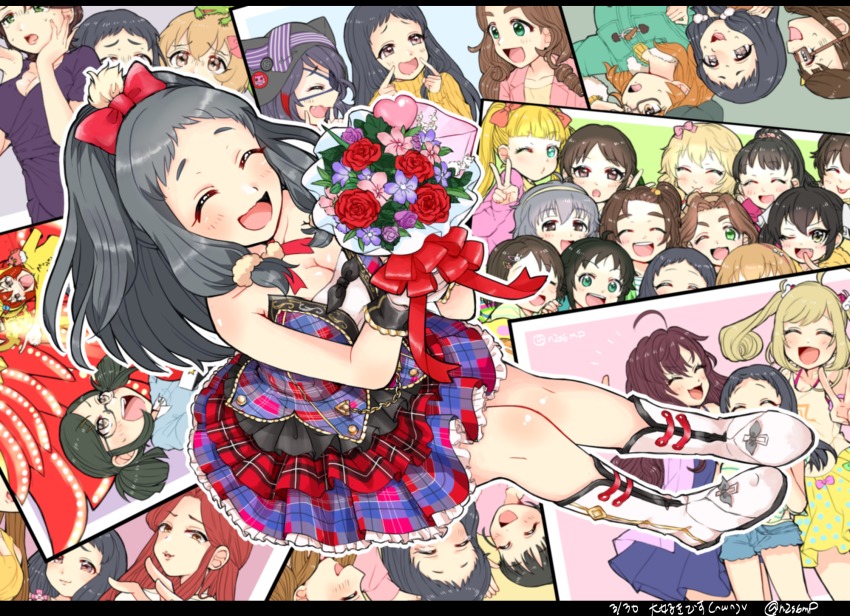 6+girls, :p, ahoge, akagi_miria, aqua_eyes, araki_hina, bare_shoulders, birthday