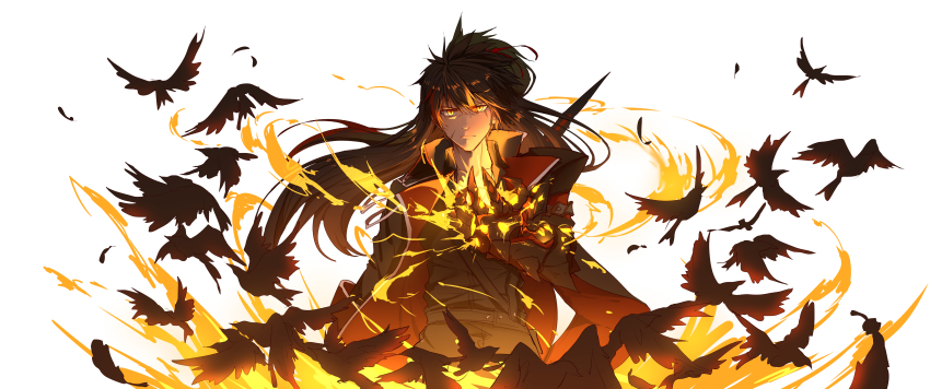 1boy, absurdres, bird, black_coat, black_hair, closed_mouth, coat, elsword, highres, long_hair, looking_at_viewer, male_focus, mechanical_arms, name_connection, nova_imperator_(elsword), object_namesake, ponytail, raven_cronwell, simple_background, single_mechanical_arm, solo, white_background, yellow_eyes, yumuto_(spring1786)