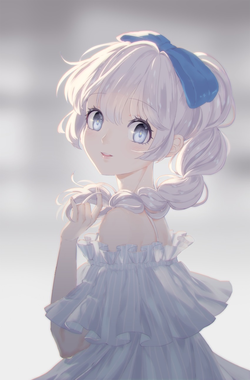 1girl, alternate_costume, blue_eyes, blurry, blurry_background, blush, bow, braid