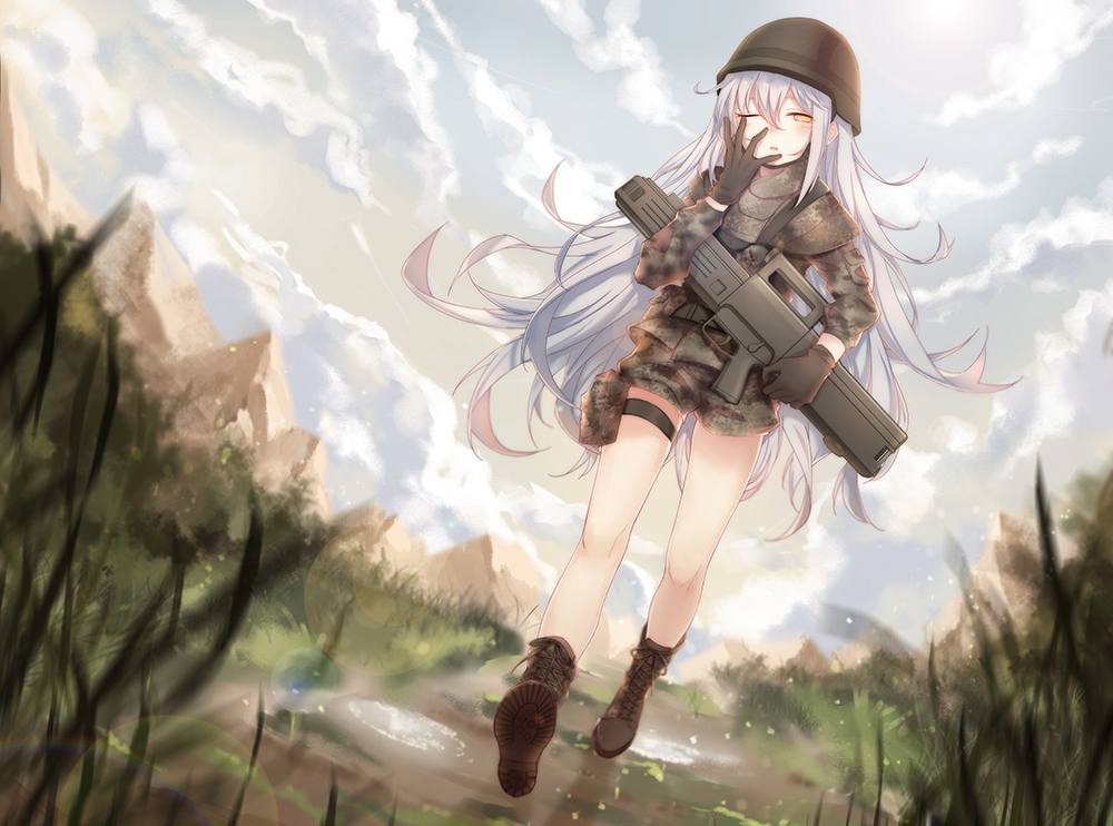 1girl, after_rain, assault_rifle, black_boots, black_gloves, blurry, boots, bullpup