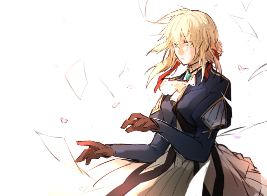 10s, 1girl, aqua_gem, blonde_hair, blue_eyes, blue_jacket, braid, brooch, dress, female_focus, flying_paper, gem, gloves, hair_between_eyes, hair_intakes, hair_ribbon, highres, jacket, jewelry, long_hair, long_sleeves, nasanail, paper, petals, red_ribbon, ribbon, solo, standing, typing, violet_evergarden, violet_evergarden_(series)