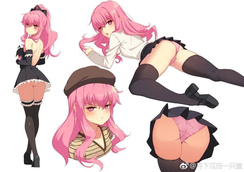 >:t, 1girl, :t, ass, beret, black_thighhighs, blush, casual, contemporary, crossed_legs, dress, flat_chest, from_behind, hat, highres, icarus_(artist), long_hair, long_sleeves, looking_back, louise_francoise_le_blanc_de_la_valliere, lying, mary_janes, microskirt, multiple_views, on_stomach, panties, pink_eyes, pink_hair, pink_panties, pleated_skirt, ponytail, pout, shoes, short_dress, simple_background, skirt, thighhighs, tiara, underwear, upskirt, v-shaped_eyebrows, watermark, weibo_watermark, white_background, white_panties, zero_no_tsukaima