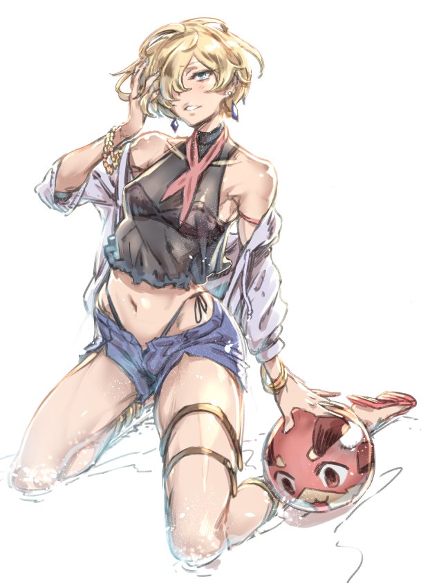 1girl, alternate_costume, ball, bare_shoulders, beachball, bikini, blonde_hair, blue_eyes, bracelet, cordelia_(granblue_fantasy), denim, denim_shorts, earrings, female_focus, granblue_fantasy, hair_over_one_eye, jewelry, kneeling, navel, short_shorts, shorts, solo, swimsuit, thigh_strap, vyrn_(granblue_fantasy), zunta