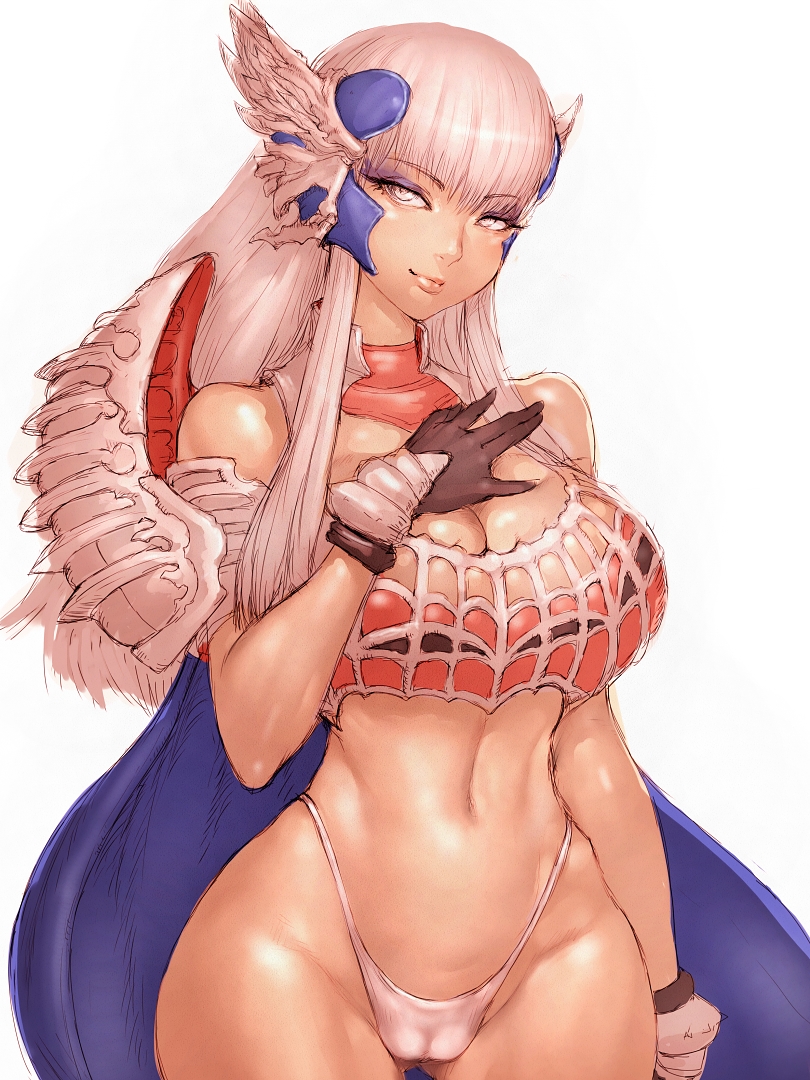 1girl, animification, bare_shoulders, breasts, cameltoe, cape, female_focus, fumio_(rsqkr), gloves, hip_focus, juu, large_breasts, long_hair, looking_at_viewer, navel, seijuu_sentai_gingaman, shelinda, simple_background, solo, super_sentai, thighs, white_background, white_eyes, white_hair