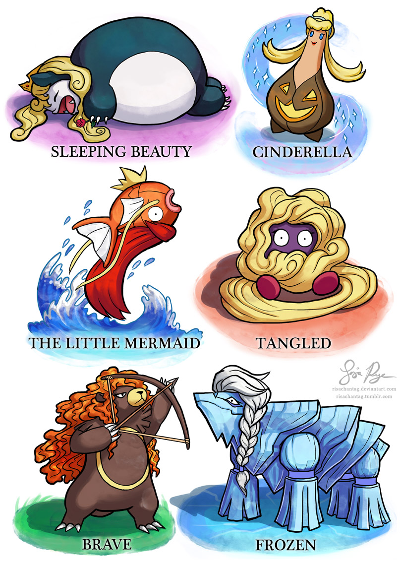 :o, ariel_(disney), arrow_(projectile), aurora_(disney), avalugg, bear, blonde_hair, blue_eyes, bow_(weapon), braid, brave, character_name, cinderella_(disney_character), cinderella_(disney_movie), claws, copyright_name, creature, disney, elsa_(frozen), english_text, eyelashes, fangs, fish, flower, frozen_(disney), gen_1_pokemon, gen_2_pokemon, gen_6_pokemon, hair_slicked_back, holding, holding_bow_(weapon), holding_weapon, jumping, lipstick, long_hair, lying, magikarp, makeup, merida_(brave), nintendo, no_humans, on_stomach, pink_flower, pink_rose, pokemon, pokemon_(creature), pumpkaboo, rapunzel_(disney), rapunzel_(fairy_tale), red_hair, risachantag, rose, sitting, sleeping, smile, snorlax, standing, tangela, tangled, tiara, ursaring, water, weapon, white_hair