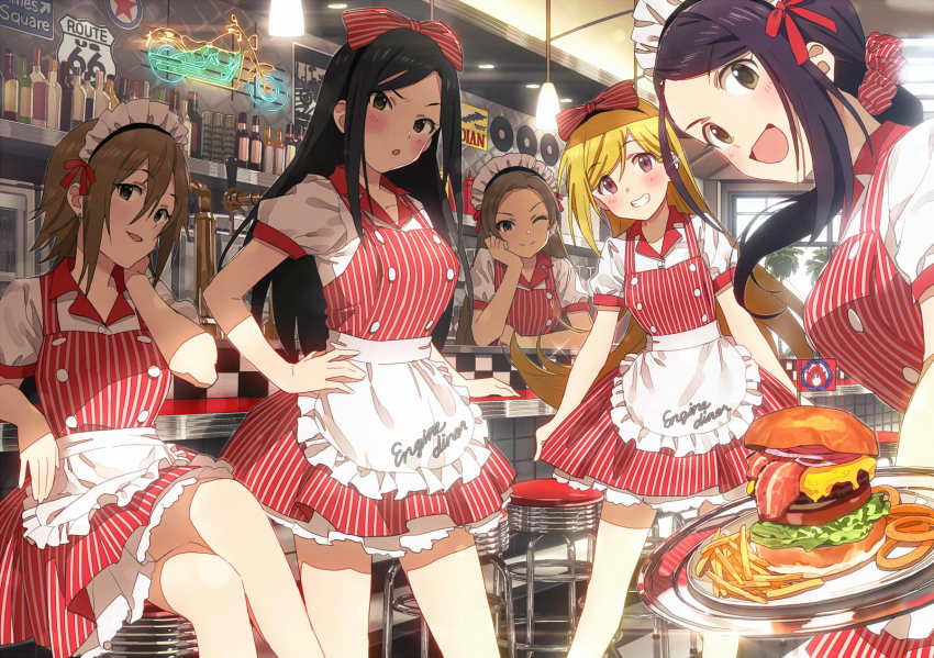 5girls, alternate_hairstyle, apron, arm_support, bar_(place), bar_stool, beer_tap, black_hair, blonde_hair, blush, bottle, bow, brown_eyes, brown_hair, burger, commentary, counter, crossed_legs, diner, dress, earrings, enjin, flag, food, french_fries, fujimoto_rina, green_eyes, grey_eyes, hair_bow, hair_down, hair_ribbon, highres, idolmaster, idolmaster_cinderella_girls, idolmaster_cinderella_girls_starlight_stage, indoors, jewelry, kimura_natsuki, long_hair, looking_at_viewer, maid_headdress, matsunaga_ryo, motor_vehicle, motorcycle, mukai_takumi, multiple_girls, neon_lights, one_eye_closed, onion_rings, open_mouth, plate, ponytail, ribbon, road_sign, scrunchie, short_hair, short_sleeves, sign, smile, sonsoso, stool, striped_clothes, striped_dress, striped_scrunchie, tray, vertical-striped_clothes, vertical-striped_dress, vinyl_record, waist_apron, waitress, yamato_aki