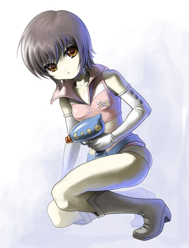 00s, bad_id, bad_pixiv_id, boots, brown_eyes, elbow_gloves, energy_gun, gloves, grey_hair, nagato_yuki, ray_gun, shinko, short_hair, short_shorts, shorts, solo, sos_galactic_patrol, suzumiya_haruhi_no_yuuutsu, weapon, white_boots
