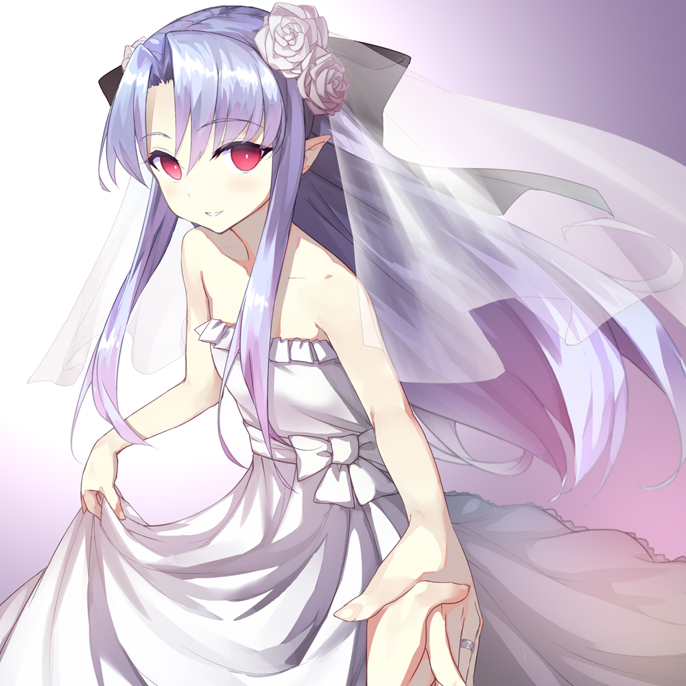 1girl, apo_(apos2721), bare_shoulders, blue_hair, blush, bridal_veil, bride, clothes_lift
