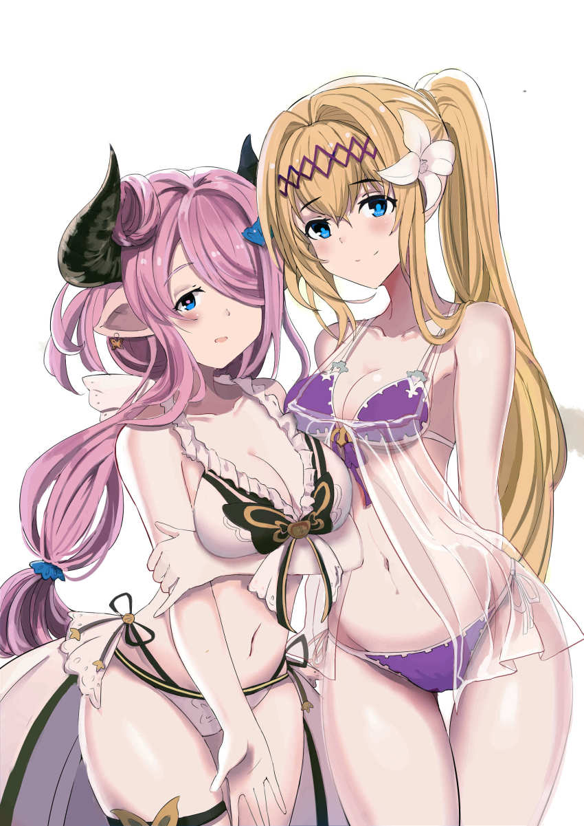 2girls, absurdres, bikini, blonde_hair, blue_eyes, breast_hold, breasts, collarbone