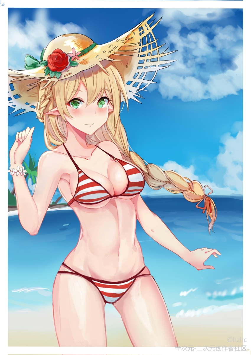 1girl, beach, bikini, blonde_hair, blush, braid, breasts, cleavage