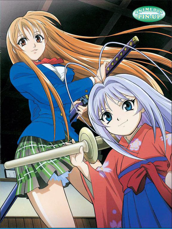 2girls, aged_down, antenna_hair, blue_eyes, brown_eyes, brown_hair, chibi, child, japanese_clothes, jpeg_artifacts, katana, kimono, light_purple_hair, long_hair, multiple_girls, natsume_aya, natsume_maya, plaid_clothes, plaid_skirt, purple_hair, scan, school_uniform, serafuku, sheath, shinai, siblings, sisters, skirt, smile, sword, takada_haruhito, tenjou_tenge, very_long_hair, weapon