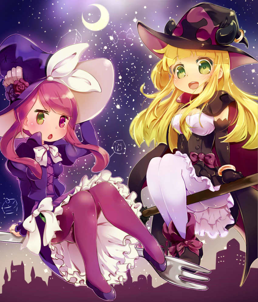 2girls, blonde_hair, bow, breasts, broom, cape, cleavage, dress