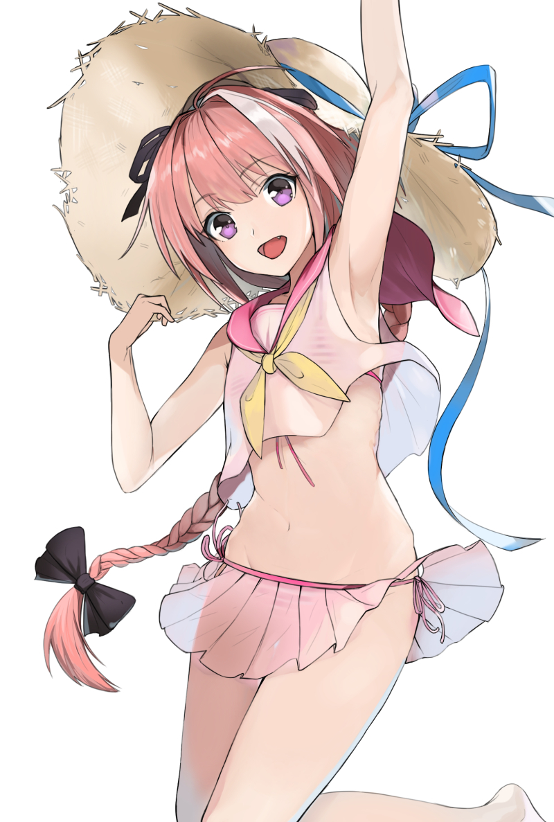 1boy, :d, ahoge, arm_up, armpits, astolfo_(fate), barefoot, bikini