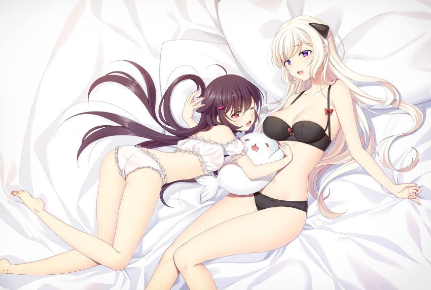 2girls, ahoge, ass, bed_sheet, black_bra, black_panties, blonde_hair, blush