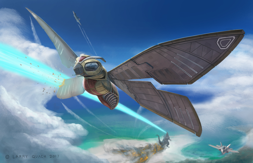 2017, aircraft, airplane, antennae, battle, cloud, commentary, damaged, dated, deviantartnobackstreetboys, energy, energy_beam, fighter_jet, fire, flying, godzilla, godzilla_(series), highres, island, jaws, kaiju, mecha, mechanization, military, military_vehicle, monster, mothra, no_humans, ocean, plasma, realistic, robot, science_fiction, shore, signature, smoke, spikes, tail, water, when_you_see_it