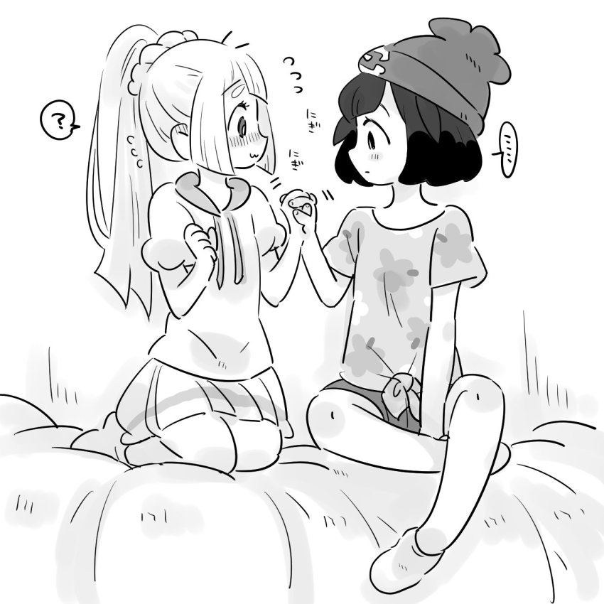 2girls, amagaeru_(amapippi052525), ankle_socks, beanie, blush, greyscale, hat, highres