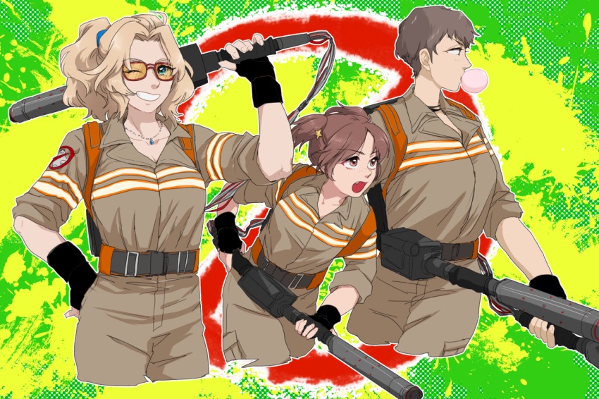 10s, 3girls, alisa_(girls_und_panzer), alternate_costume, alternate_hairstyle, antimatter_weapon, arm_up, bad_id, bad_pixiv_id, black_gloves, blonde_hair, blowing_bubble_gum, blowing_bubbles, blue_eyes, brown_eyes, brown_hair, brown_jumpsuit, chewing_gum, cowboy_shot, cropped_legs, directed-energy_weapon, energy_gun, energy_weapon, fang, fingerless_gloves, freckles, ghostbusters, ghostbusters_(2016), girls_und_panzer, gloves, grin, hair_intakes, hair_ornament, hair_up, hand_on_own_hip, hao_(udon), holding, holding_weapon, jewelry, jumpsuit, kay_(girls_und_panzer), long_sleeves, looking_at_viewer, multiple_girls, naomi_(girls_und_panzer), necklace, open_mouth, particle-beam_weapon, particle_thrower, ponytail, proton_pack, red-framed_eyewear, short_hair, short_twintails, sleeves_rolled_up, smile, star_(symbol), star_hair_ornament, sunglasses, twintails, very_short_hair, weapon