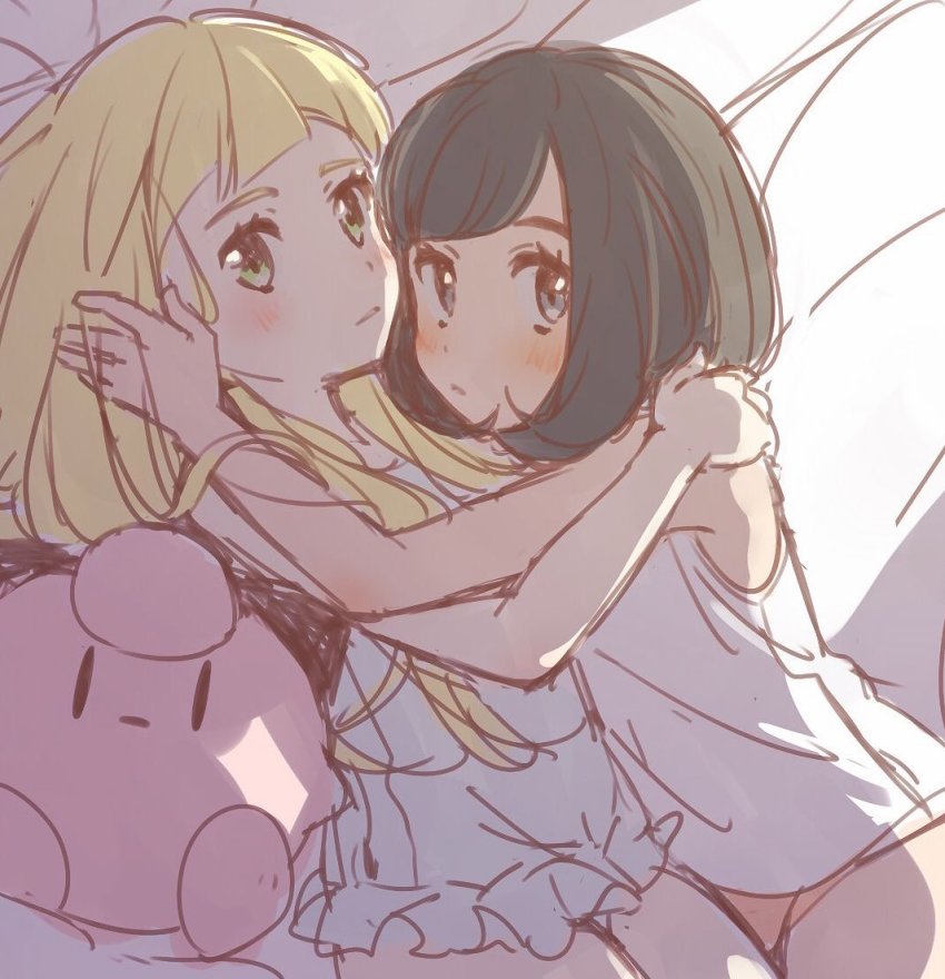 2girls, bed, black_hair, blonde_hair, blouse, blush, clefairy, gen_1_pokemon