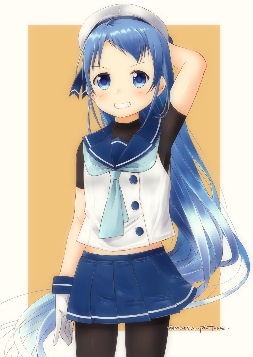 1girl, beret, blue_eyes, blue_hair, blue_skirt, blush, cosplay, dot_nose