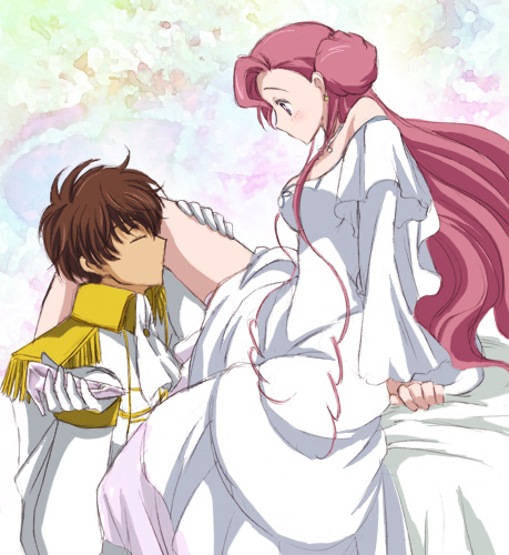 00s, akina_tsukako, bride, code_geass, donut_hair_bun, dress, euphemia_li_britannia, hair_bun, kururugi_suzaku, lowres, pero_pero, pink_hair, purple_eyes, wedding_dress