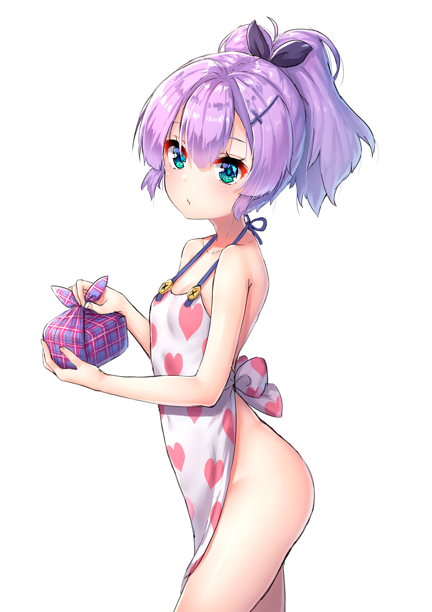 1girl, alternate_costume, apron, aqua_eyes, azur_lane, bare_arms, bare_shoulders, bento