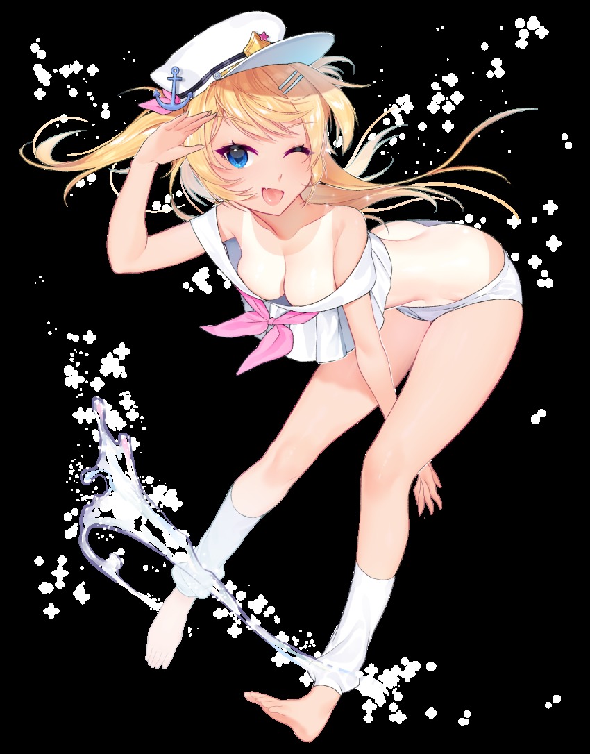 1girl, ;d, anchor, ass, bad_arm, barefoot, bent_over, bikini