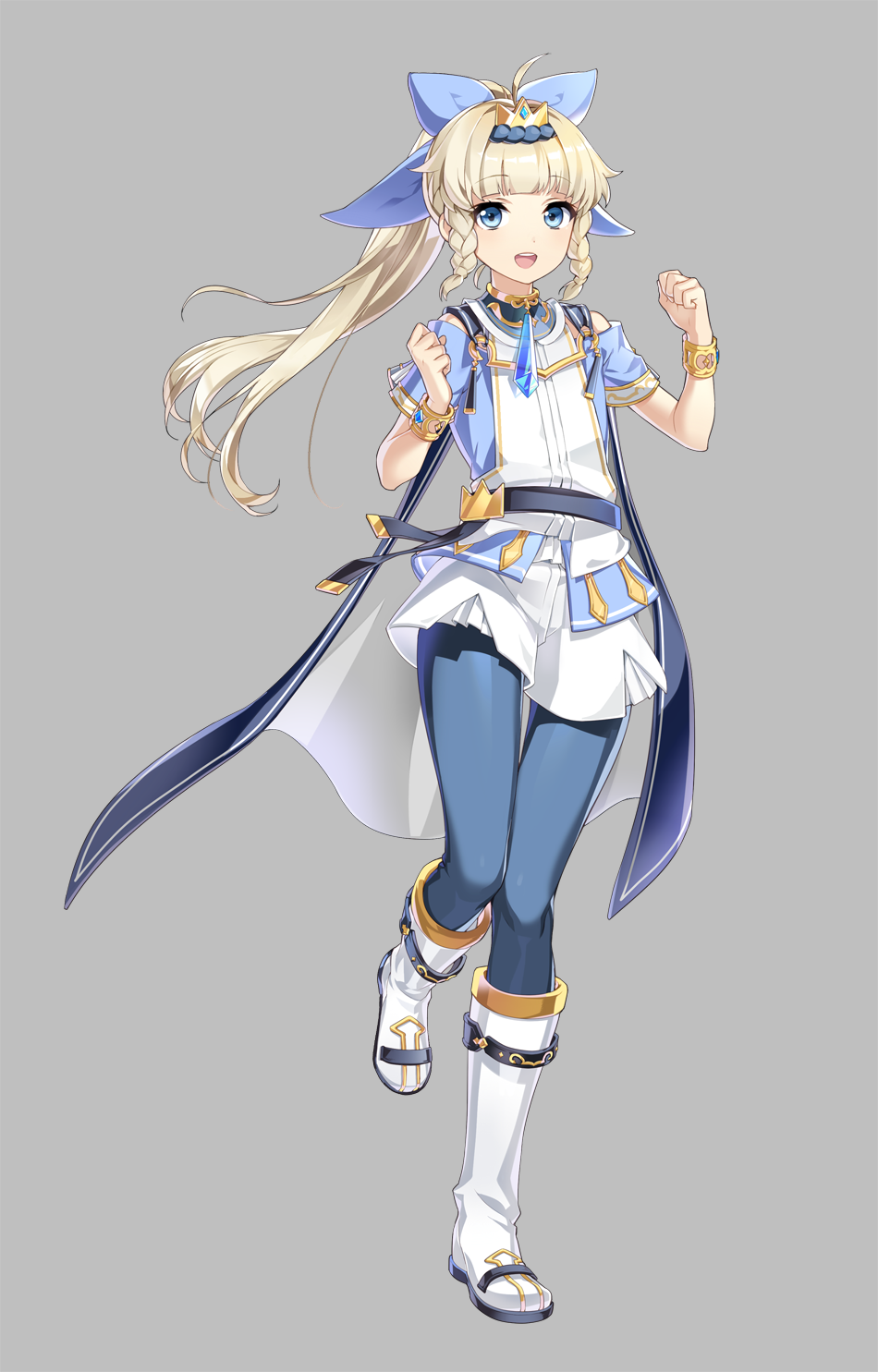 1boy, :d, ahoge, aither_(epic_seven), belt, blonde_hair, blue_bow, blue_eyes, blue_legwear, blue_pants, boots, bow, bracelet, braid, cape, clenched_hand, epic_seven, full_body, gem, grey_background, highres, jewelry, long_hair, looking_at_viewer, male_focus, official_art, open_mouth, pants, ponytail, sidelocks, skirt, smile, solo, standing, standing_on_one_leg, trap, white_boots, white_skirt