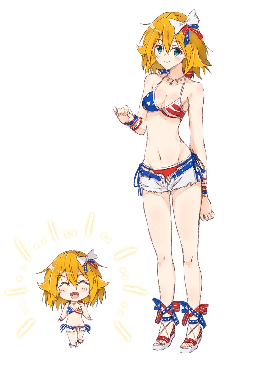 american_flag, american_flag_bikini, american_flag_print, bad_id, bad_pixiv_id, belt, bikini, blonde_hair, blue_eyes, bow, breasts, cleavage, flag_print, flag_print_bikini, hair_bow, highres, jewelry, legs, necklace, p.k.f, philia_(sao), print_bikini, ribbon, sandals, short_hair, short_shorts, shorts, swimsuit, sword_art_online