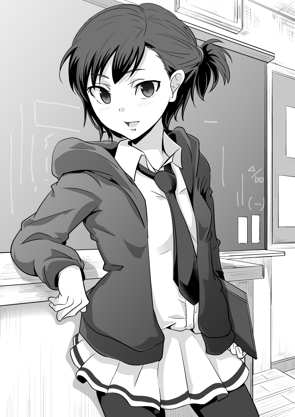 1girl, :d, blush, chalkboard, collared_shirt, commentary_request, cowboy_shot, dress_shirt, extra, female_focus, greyscale, hair_tie, highres, holding, hood, hoodie, iinchou_(watamote), kaigara_suupu, monochrome, necktie, notebook, open_clothes, open_hoodie, open_mouth, pantyhose, ponytail, school_uniform, shirt, short_hair, smile, solo, watashi_ga_motenai_no_wa_dou_kangaetemo_omaera_ga_warui!