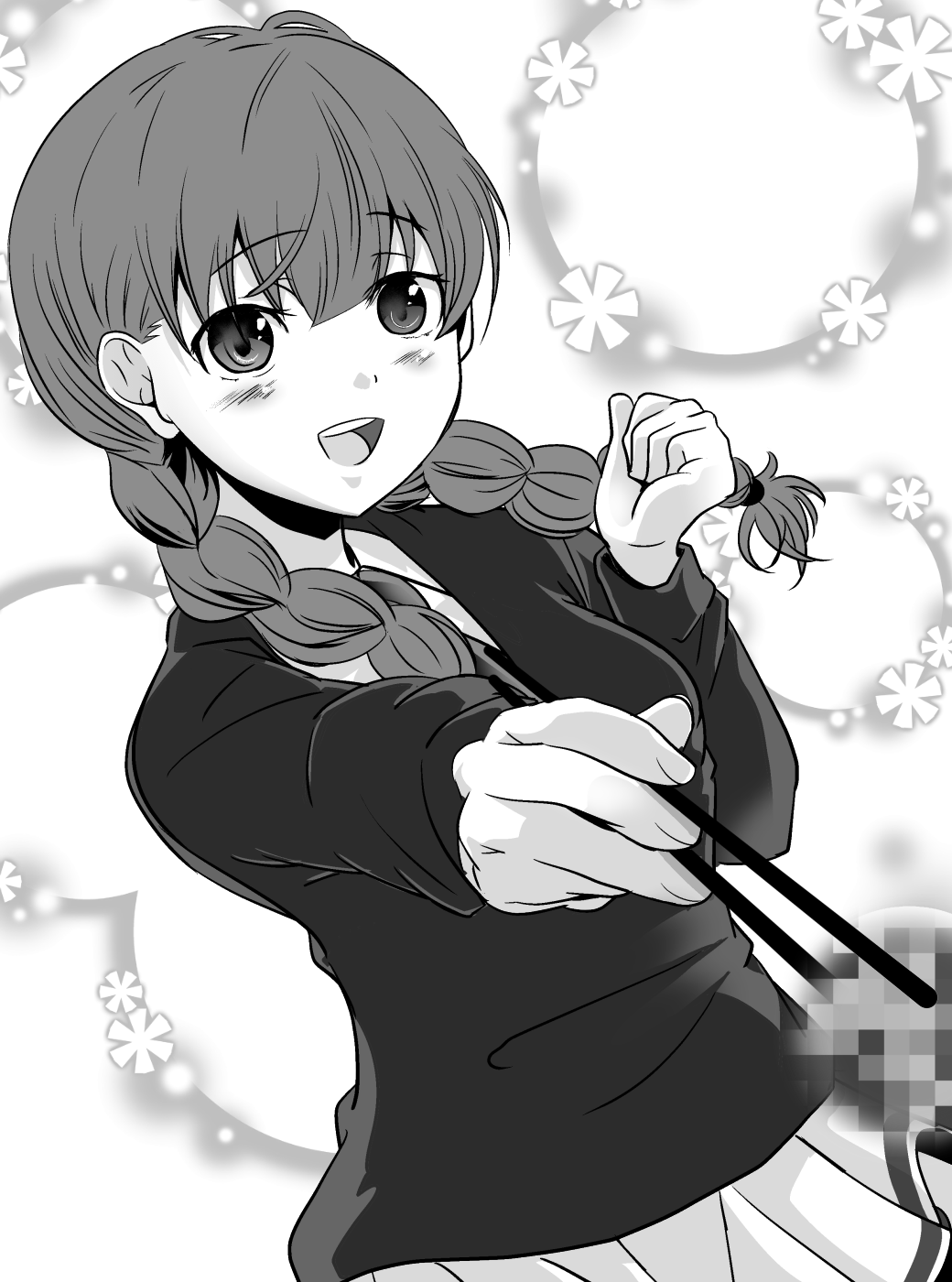 1girl, :d, bad_food, braid, censored, censored_food, chopsticks, commentary_request