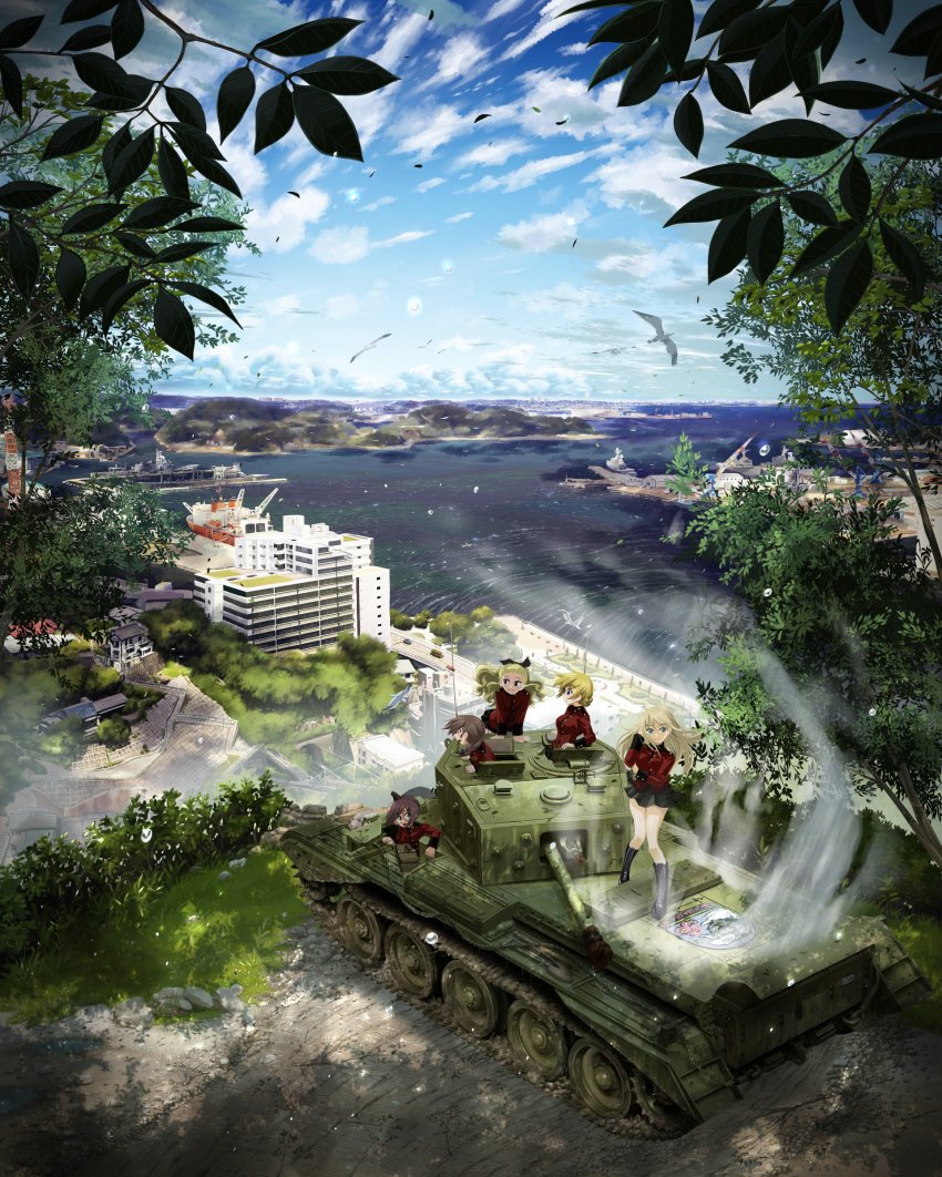 10s, 5girls, absurdres, arm_grab, arm_support, assam_(girls_und_panzer), bird, black_footwear