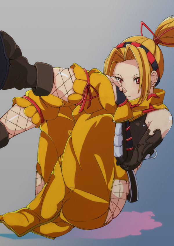 1girl, armor, artist_request, bare_shoulders, blonde_hair, breasts, clothing_cutout, expressionless