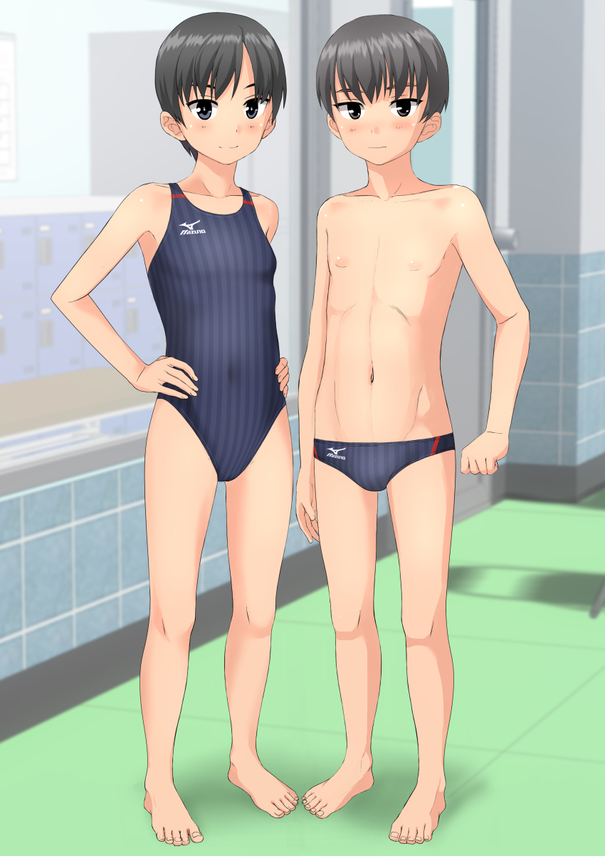 1boy, 1girl, absurdres, androgynous, barefoot, black_eyes, black_hair, black_male_swimwear