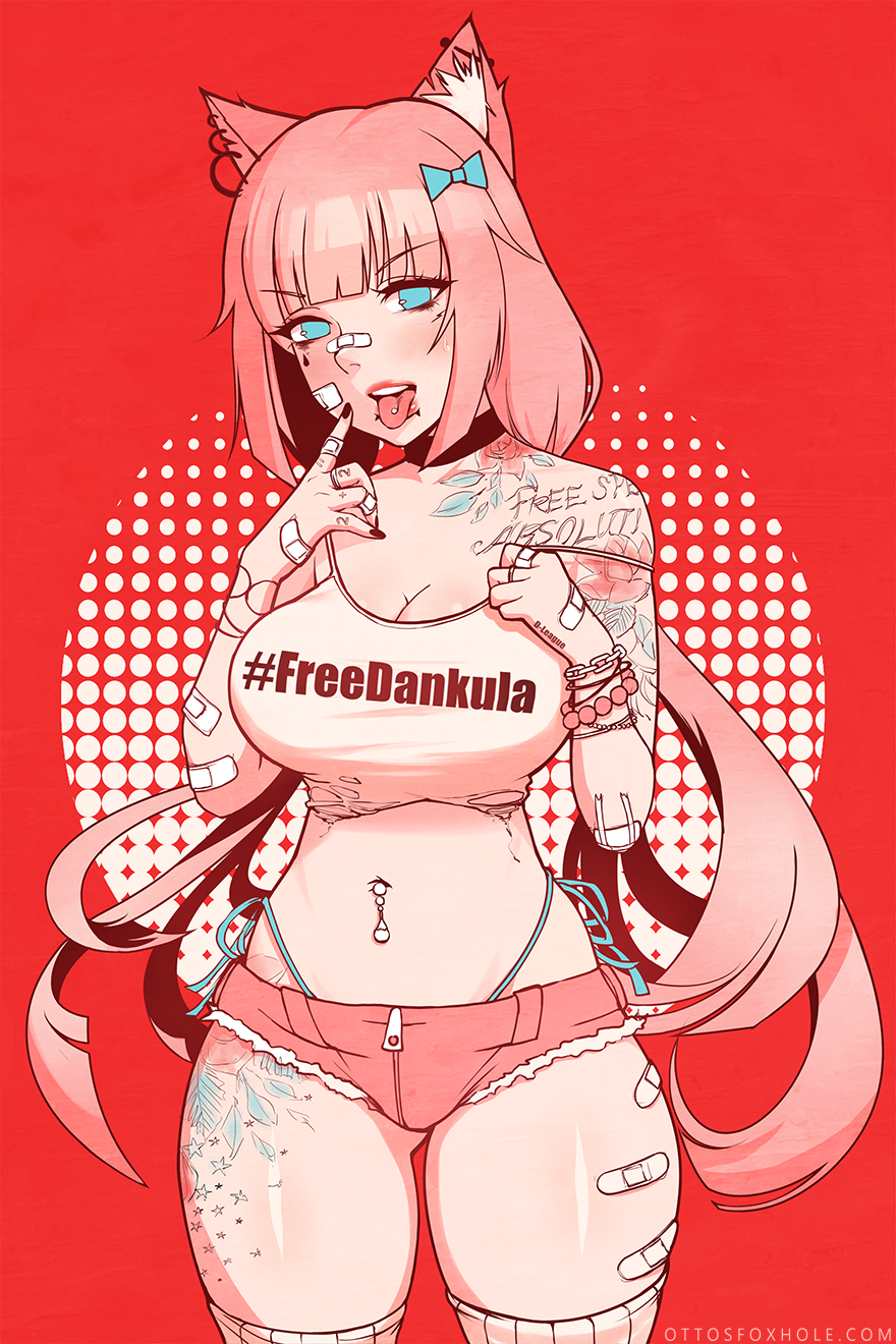 1girl, animal_ears, bad_id, bad_twitter_id, bandaid, black_nails, blue_bow, blue_eyes