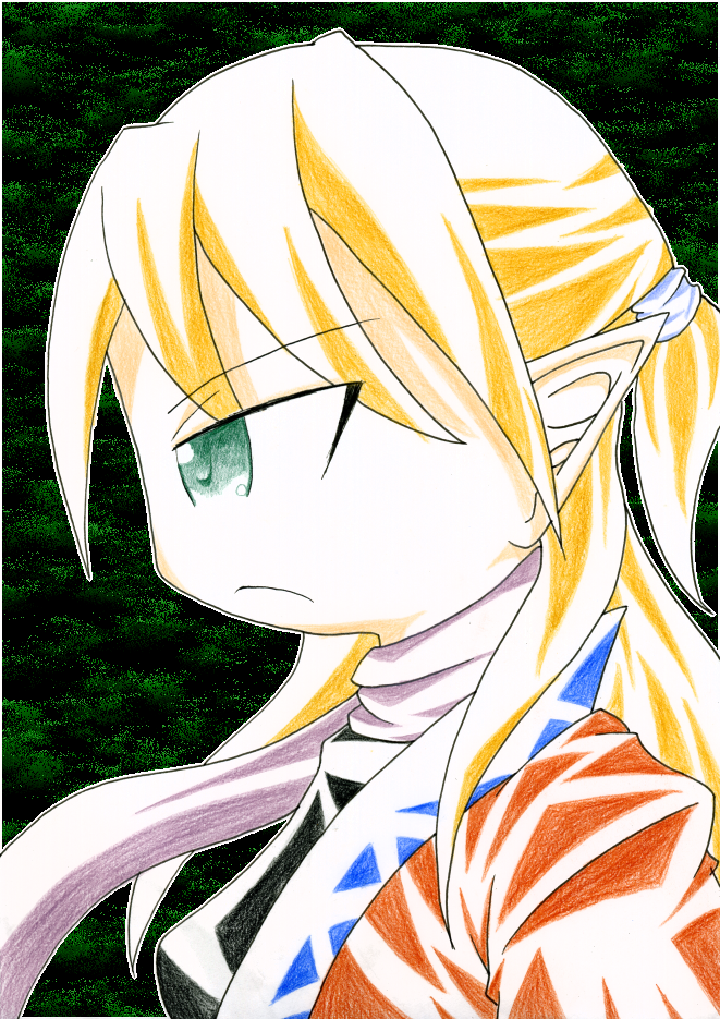 1girl, blonde_hair, female_focus, green_eyes, mizuhashi_parsee, ryouko_(pixiv342653), scarf, solo