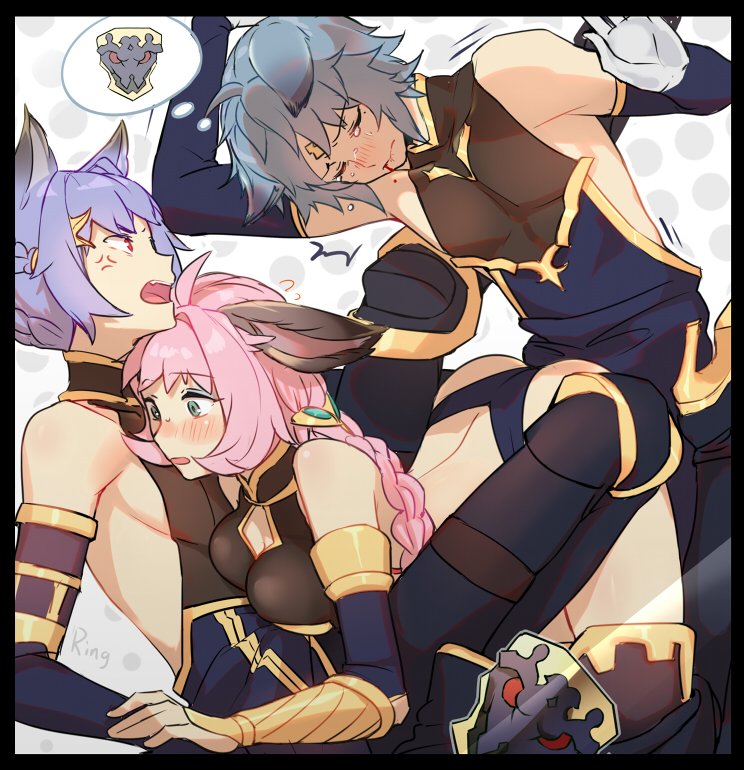 1girl, 2boys, ^^^, ahoge, aki663, all_fours, anger_vein, animal_ears