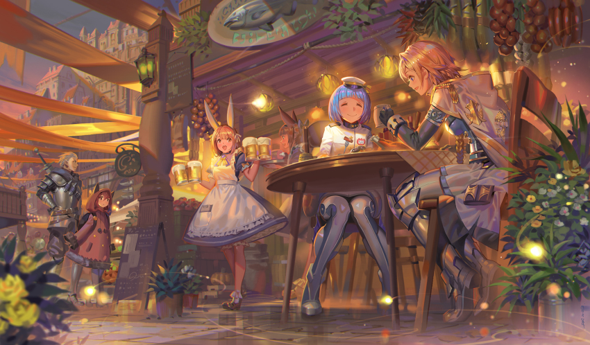 1boy, 5girls, alphonse_(white_datura), animal_ears, animal_hood, apron, armor, beer_mug, blonde_hair, blue_hair, braid, brown_eyes, brown_hair, rabbit_ears, city, cloak, cup, danchou_arthur, closed_eyes, fingerless_gloves, food, frilled_apron, frills, gloves, han-gyaku-sei_million_arthur, hat, highres, hood, looking_at_viewer, making-of_available, million_arthur_(series), mug, multiple_girls, nuckelavee_(million_arthur), open_mouth, outdoors, short_hair, silver_hair, sitting, smile, standing, uniform, waitress, walking, weapon