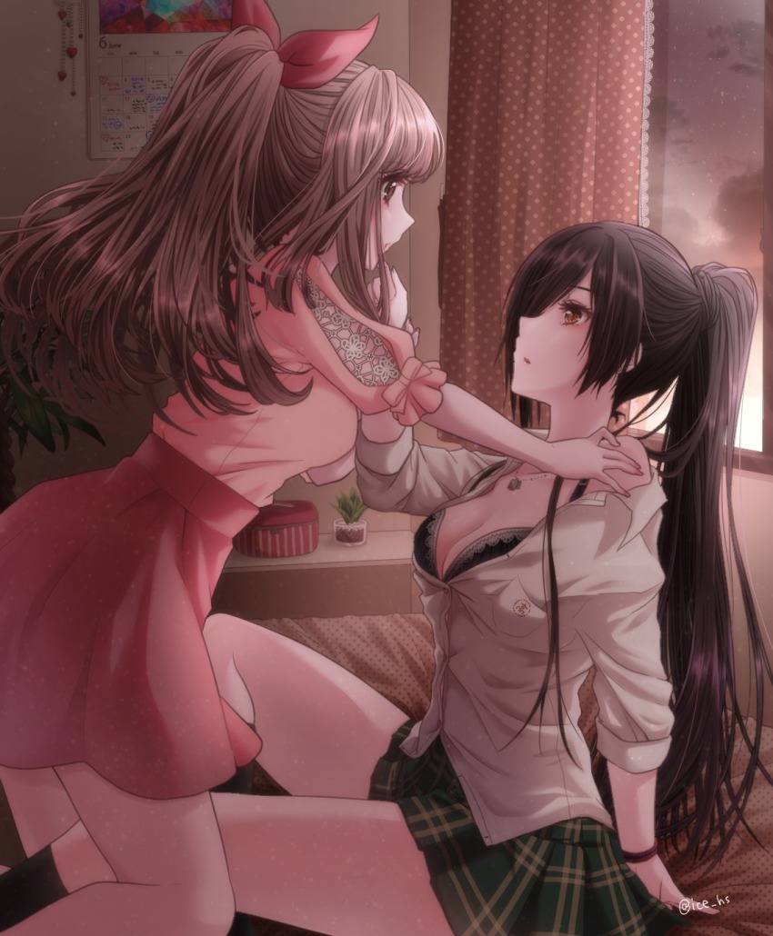 2girls, bed, between_legs, black_bra, black_hair, blush, bow, bra, bracelet, breasts, brown_eyes, brown_hair, calendar, cleavage, collarbone, curtains, dog_tags, dress_shirt, finger_to_mouth, frills, from_side, girl_on_top, hair_bow, hand_on_another's_shoulder, highres, ice_(aitsugai), idolmaster, idolmaster_shiny_colors, jewelry, legs, long_hair, medium_breasts, miniskirt, multiple_girls, on_bed, pink_shirt, pink_skirt, plaid_clothes, plaid_skirt, pleated_skirt, ponytail, ribbon, room, school_uniform, shirase_sakuya, shirt, sitting, skirt, tsukioka_kogane, unbuttoned, unbuttoned_shirt, underwear, window, yellow_eyes, yuri
