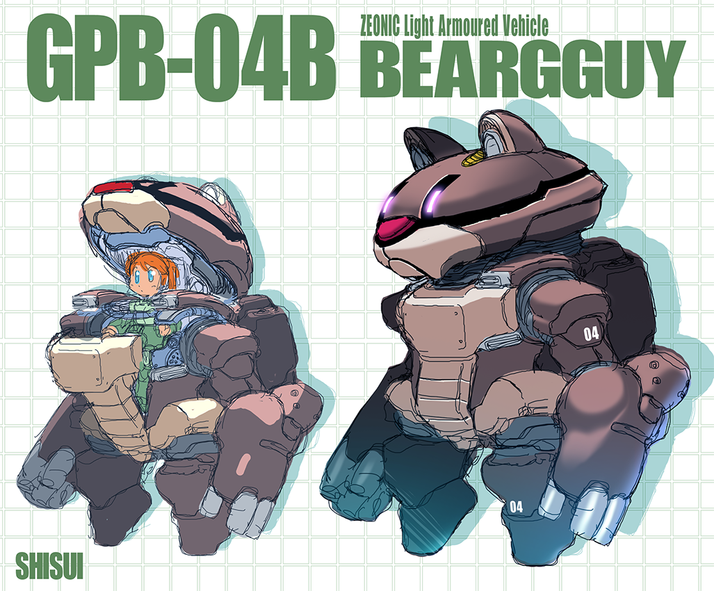 1girl, aqua_eyes, artist_name, beargguy, character_name, glowing, glowing_eyes, gundam, gunpla_builders_beginning_g, mecha, model_suit_gunpla_builders_beginning_g, orange_hair, purple_eyes, robot, shisui, sketch, standing