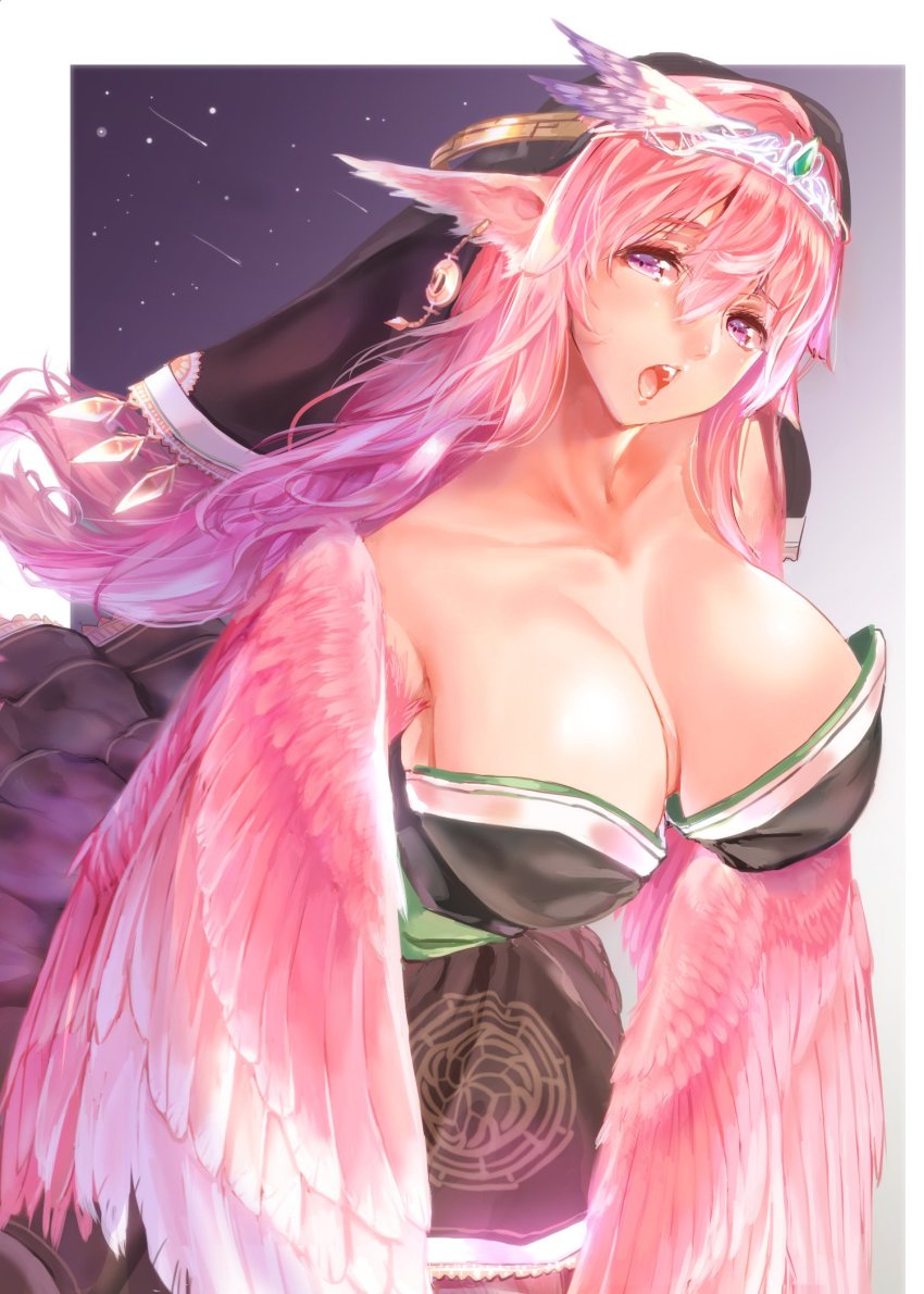 1girl, animal_ears, bird_ears, black_dress, breasts, commentary_request, crown, dress