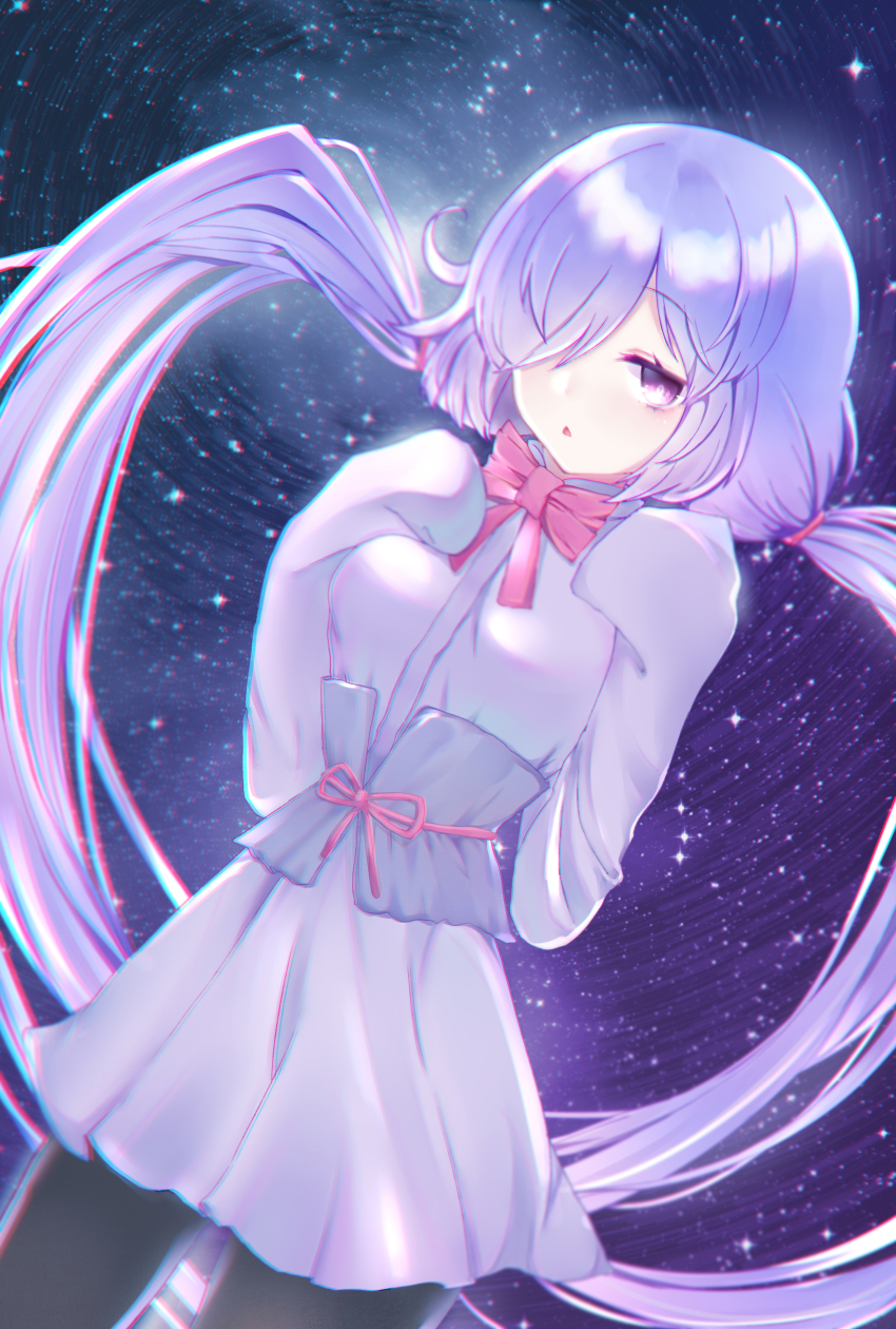 100%_orange_juice, 1girl, absurdres, alicianrone, asymmetrical_bangs, axes, bow, ceoreparque_(orange_juice), chromatic_aberration, cowboy_shot, dress, female_focus, hair_over_one_eye, hair_tie, hands_over_breasts, hands_up, highres, long_hair, long_sleeves, open_mouth, purple_dress, purple_eyes, purple_hair, ribbon, sash, sleeves_past_fingers, sleeves_past_wrists, solo, tagme, thighhighs