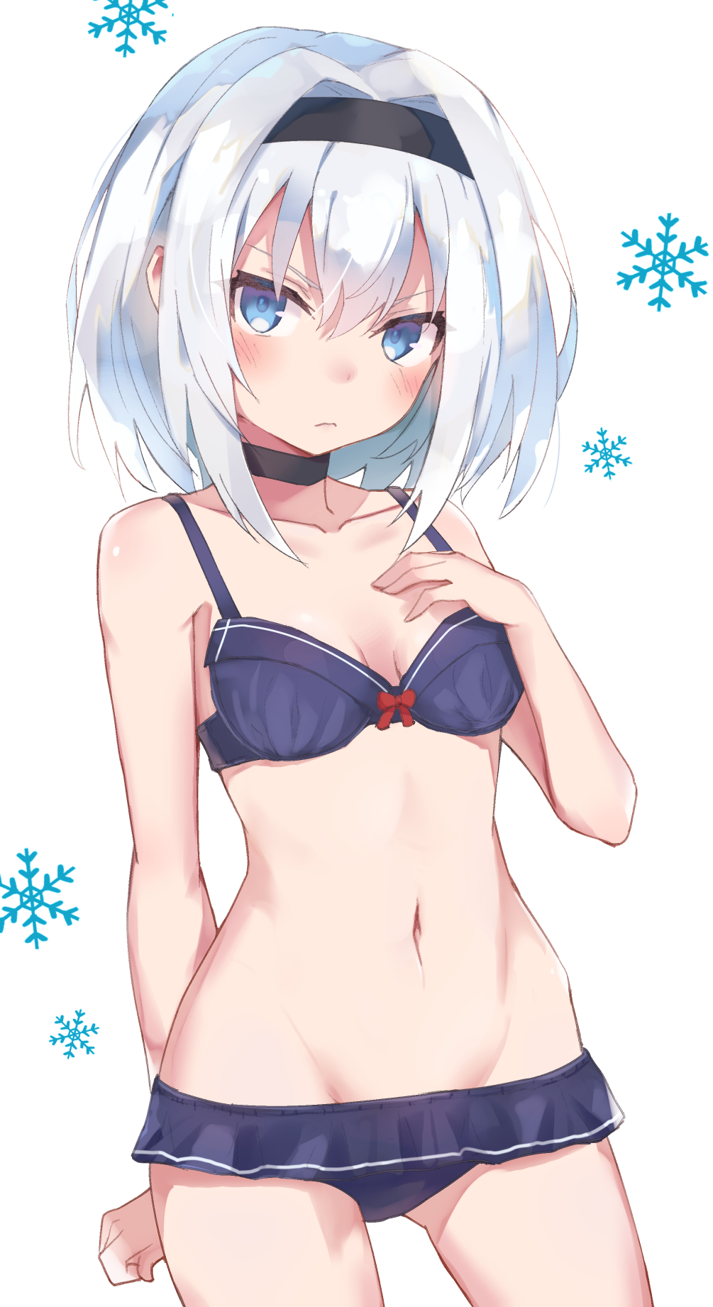 10s, 1girl, bikini, black_choker, black_hairband, blue_bikini, blue_eyes, blush, breasts, choker, cleavage, closed_mouth, female_focus, hairband, highres, looking_at_viewer, navel, ryuuou_no_oshigoto!, short_hair, simple_background, small_breasts, snowflake_background, solo, sora_ginko, standing, swimsuit, white_background, white_hair, yui_asahi