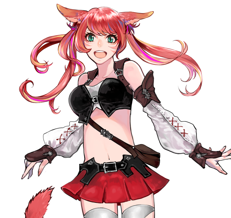 animal_ears, final_fantasy, final_fantasy_xiv, green_eyes, midriff, miqo'te, open_mouth, red_hair