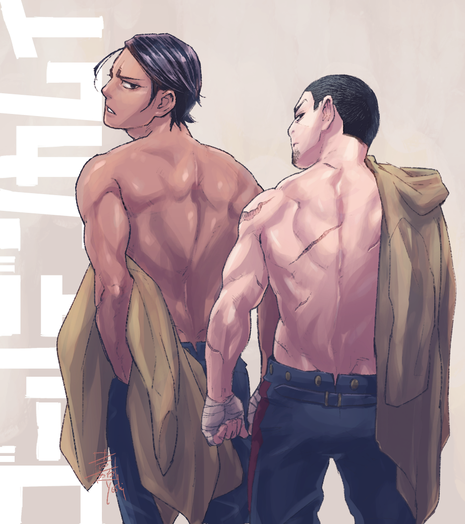 10s, 2boys, back, bare_pectorals, black_hair, copyright_name, dark-skinned_male, dark_skin