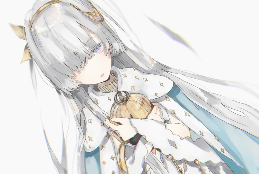 1girl, anastasia_(fate), bad_id, bad_twitter_id, blue_eyes, cape, crown, doll